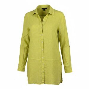 Tahari Womens M Lime Green 100% Linen Button-Down Long Sleeve Tunic Shirt Resort